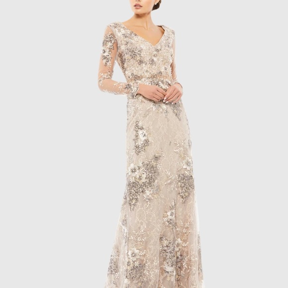 MAC DUGGALEmbellished V Neck Illusion Long Sleeve Gown $698 SIZE 6 in TAUPE